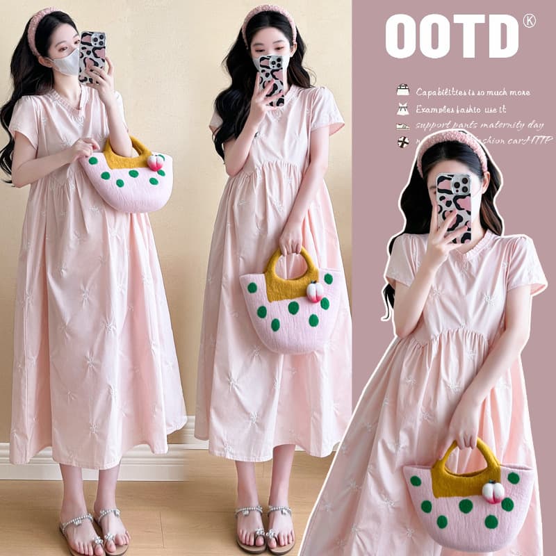 Real Shot of Stylish Maternity Dress, Summer 2026 New Model, Pink Bow Embroidery, Korean Sweet Doll Dress