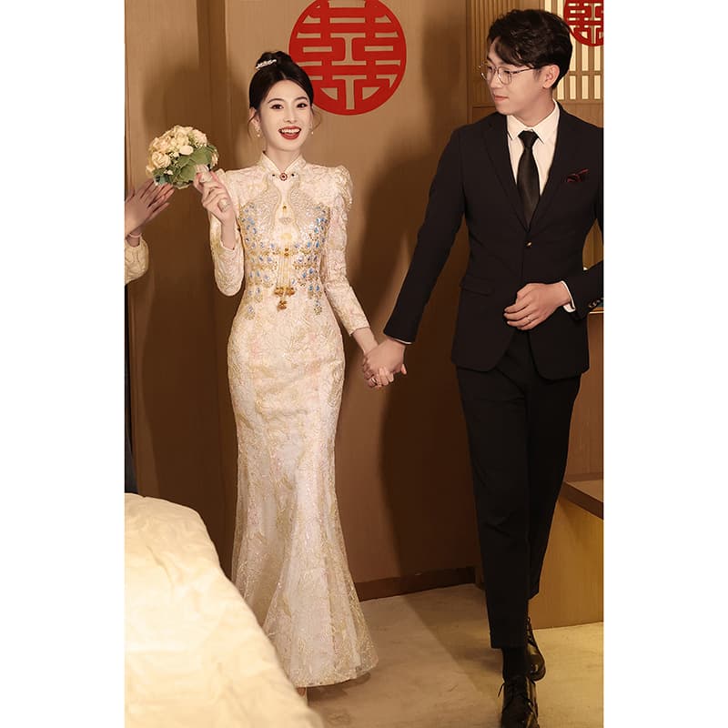 Chinese cheongsam toast dress bride 2026 fishtail back door engagement dress skirt high-end light luxury niche advanced winter