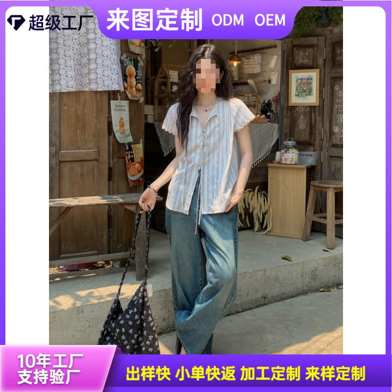 Striped short-sleeved shirt for women in summer, great-looking lace-up shirt, Korean style summer shirt