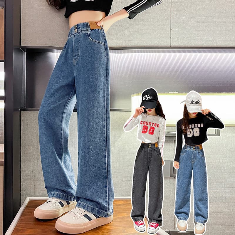 Cross-border wholesale girls' jeans, autumn/winter long pants, mid-to-large kids integrated fleece wide-leg pants, Korean style trendy trousers