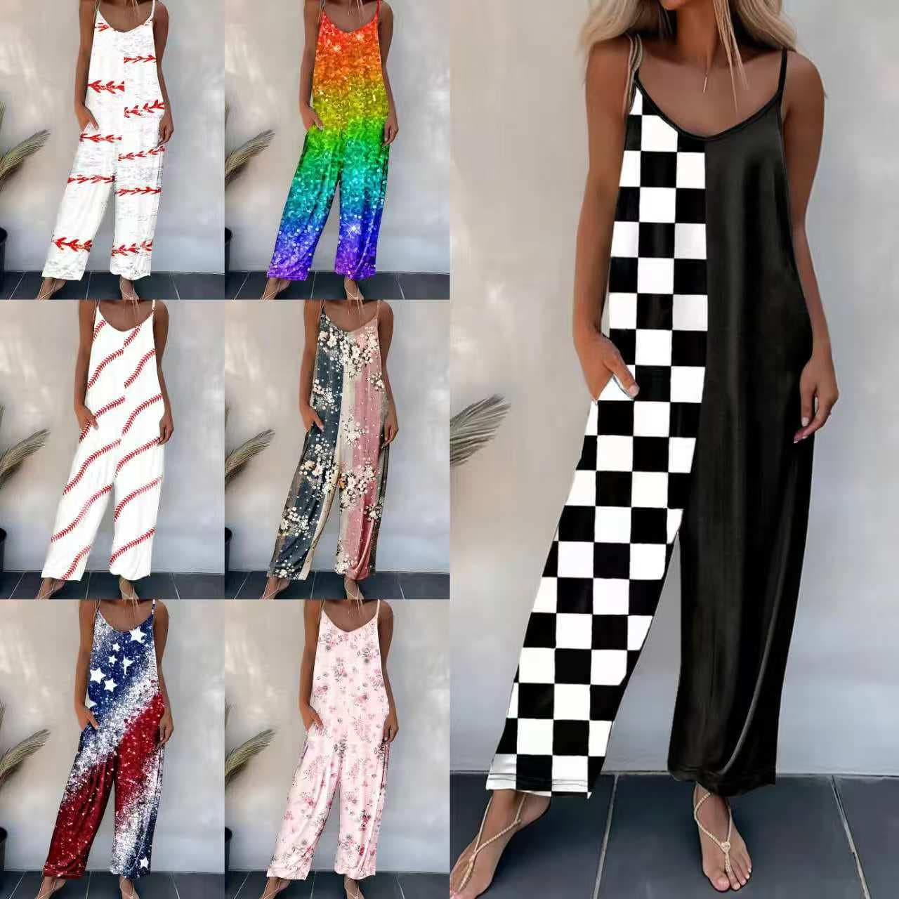 European and American Cross-Border 2025 Spring/Summer Casual Women's Camisole Long Pants New Autumn Print Sleeveless Jumpsuit