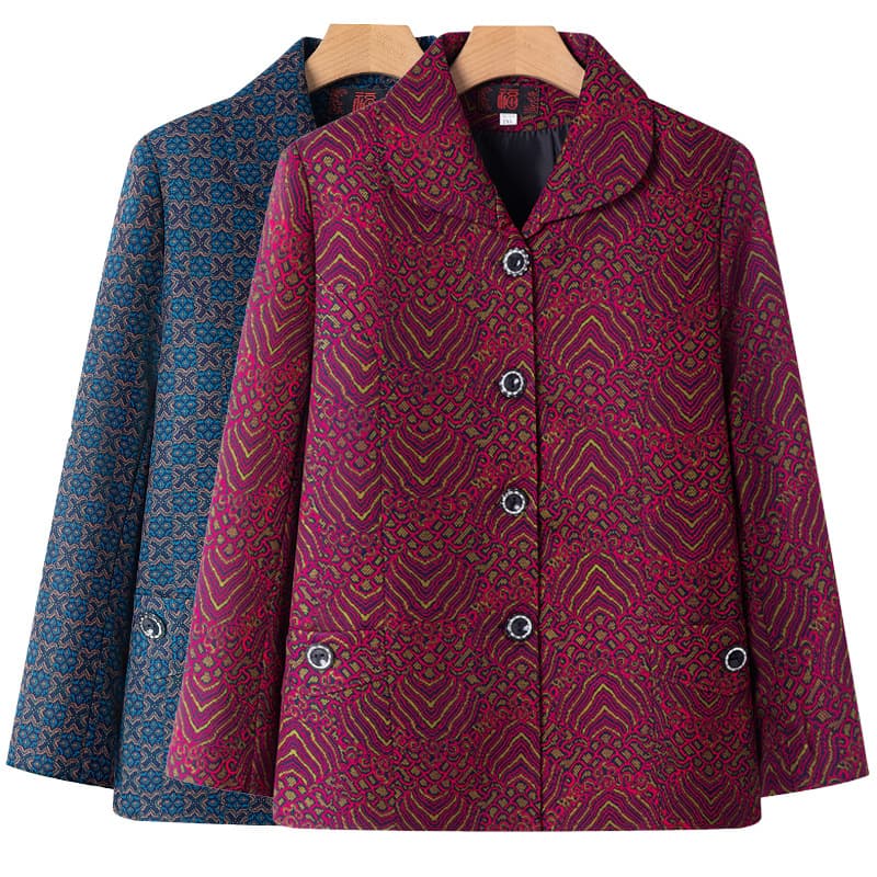 Double-Layer Autumn Coat for Elderly Women, Grandma's Fall Jacket with Turn-Down Collar, for Ages 70-80, Mother's Top