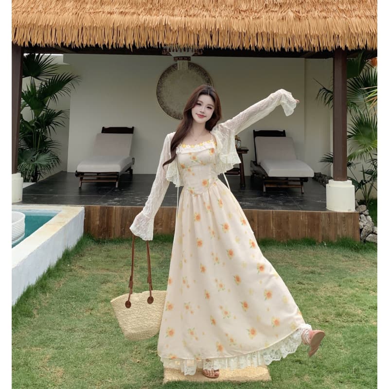 Actual Photo ~ Summer Yellow Peach Sweet Vacation Style Women's Long-Sleeve Cardigan Yellow Long and Short Strap Dress