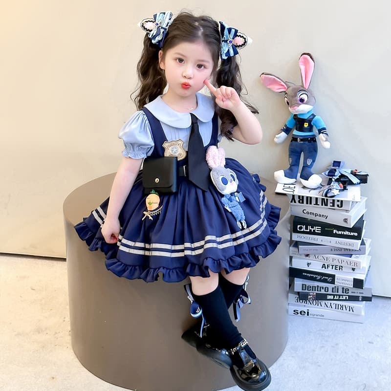 Girls' Rabbit Officer Princess Dress Summer New Children's Cartoon Puffy Skirt Birthday Gown Lolita Dress