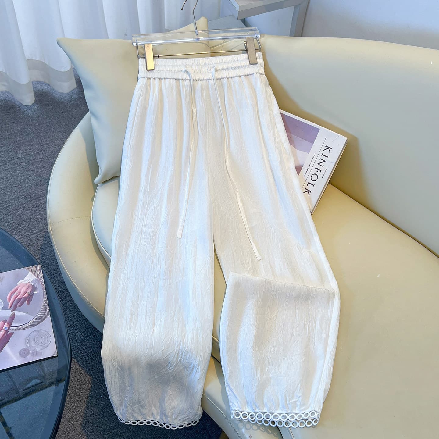 White Acetate Ice Silk Cool Casual Curve Pants Women Thin 2026 Summer New Hollow Out Cropped Lantern Pants