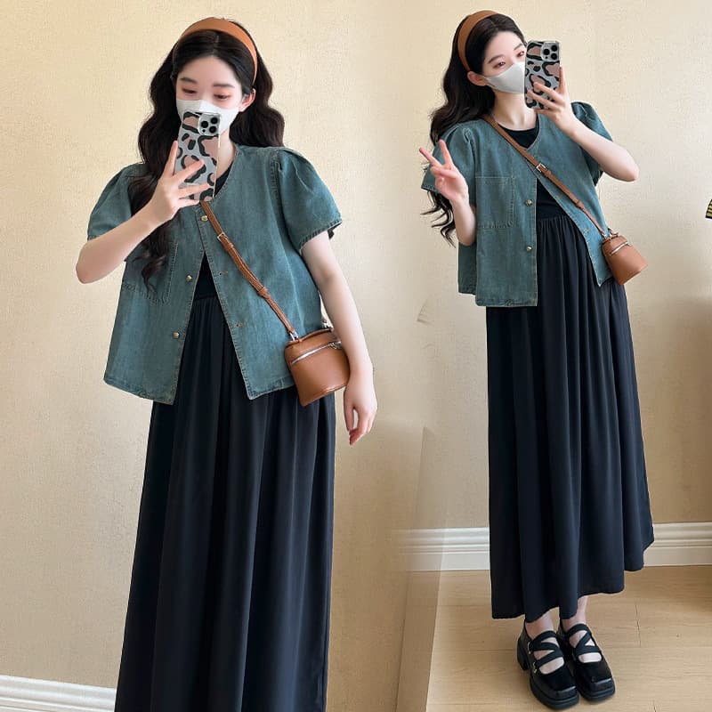 Maternity Dress Vintage Denim Cap Sleeve Shirt Versatile Dress Set for Petite Women