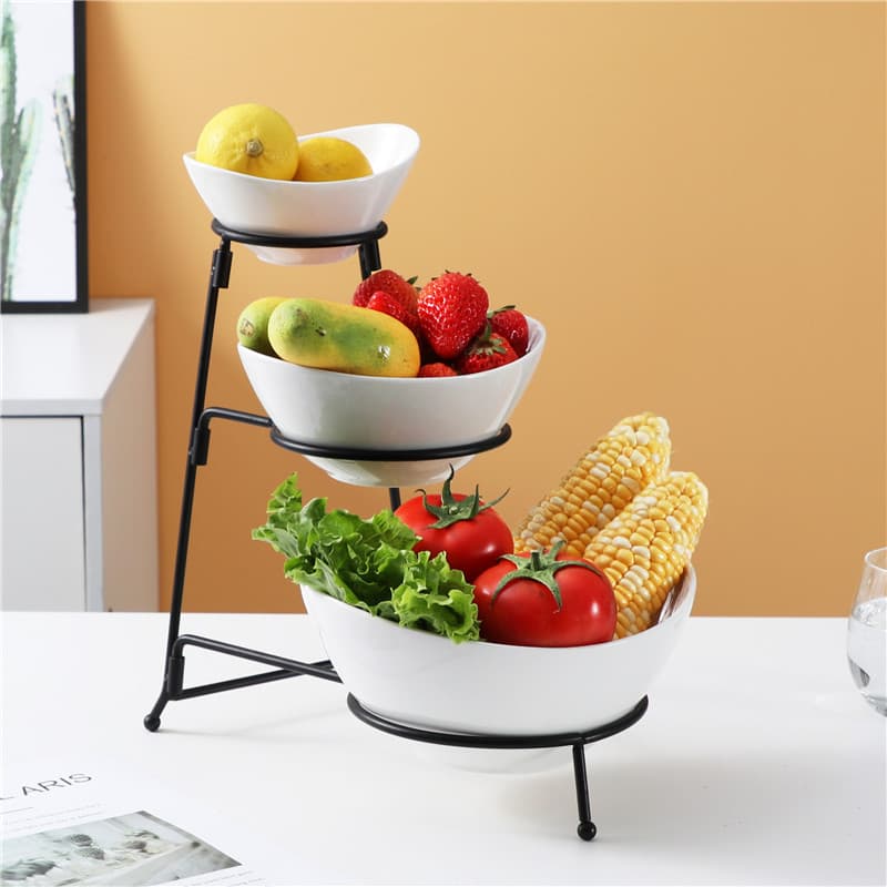 Cross-Border Customized Ceramic Three-Layer Fruit and Vegetable Salad Bowl with Removable Iron Frame Snacks, Pastries, Candies, Dried Fruit Plates and Fruit Baskets