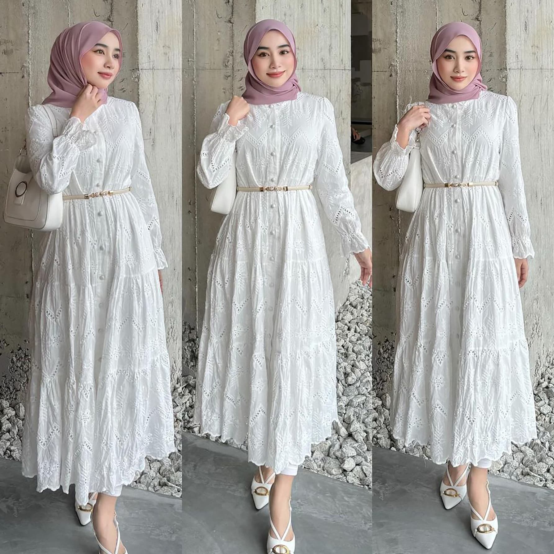 M232 Malaysia Dress Women's Clothing Southeast Asian Dress with Ruffle Stand Collar Hollow Lace Flared Dress