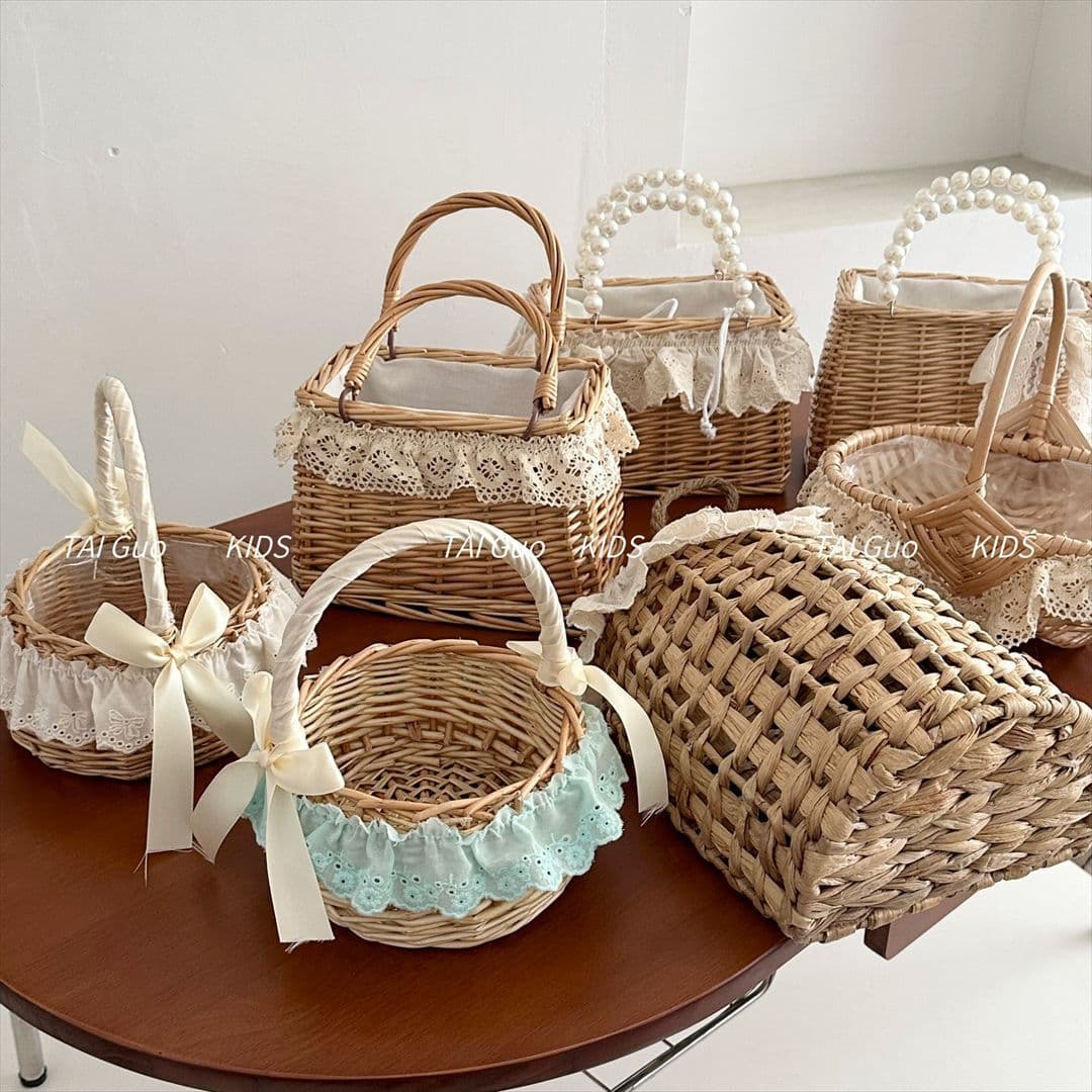 2026 Summer New Niche Hand-Woven Rattan Chic Lace Handbag Decorative Photo Prop Storage Basket