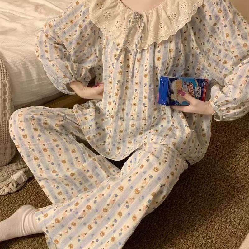 Youthful Striped Bear Pajama Set for Women Cloud Cotton Lace Ruffle Collar Sweet Loose Long Sleeve Home Two-Piece Set