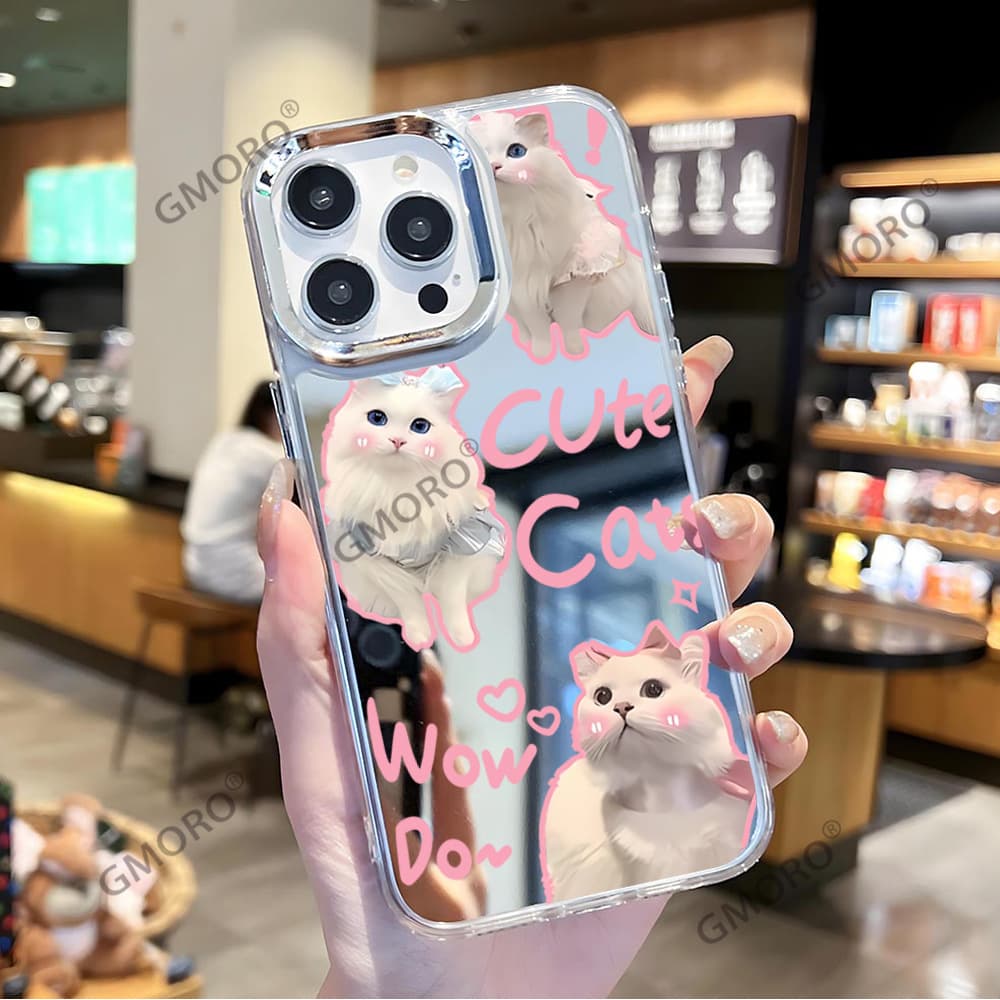 TK Hot-Selling Cute Pink Cat Phone Case for iPhone 16, Sweet Girl Style Apple 17pm Mirror Shockproof Protective Cover