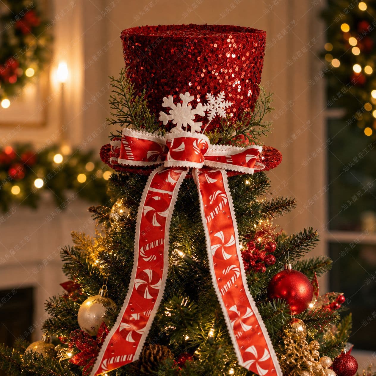 Sequin Bow Christmas Tree Topper Star Hat Holiday Decor Gift