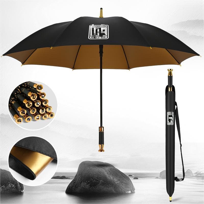 Brand new premium gold rubber sleeve golf umbrellas, 4S store exclusive, UV protection, custom designs for business advertising.
