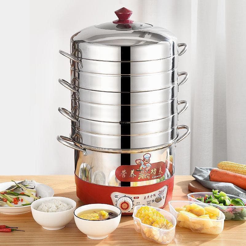 Stainless Steel Electric Steamer 3-Layer Rice Cooker Large Capacity Multi-function Timer Dry Burn Protection Auto Shut-off