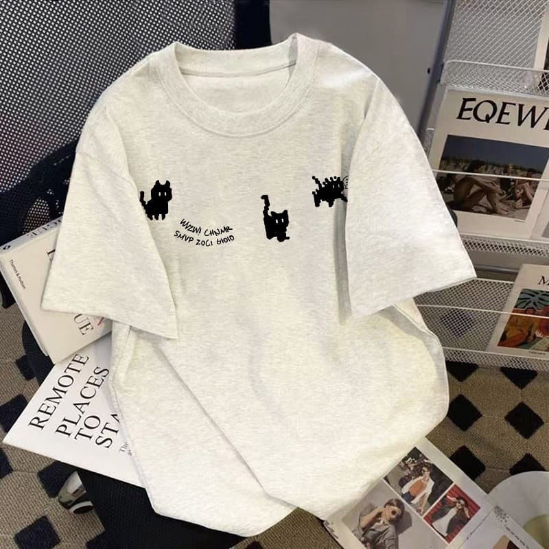 White and Gray Kitten Short-Sleeved T-Shirt for Women Cotton 2026 Summer New Hot Style Loose Large Size Printed Top T-Shirt