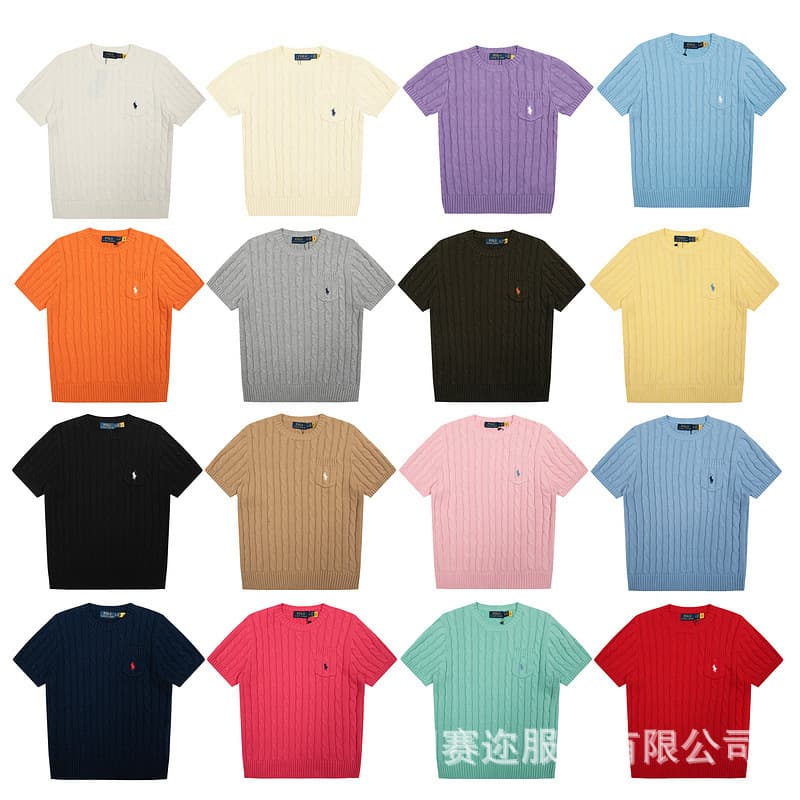 High Quality RL Ralph Lauren 25 Style Round Neck Pocket Solid Color Small Pony Embroidery Logo Knitted Short Sleeve Slim Fit Women