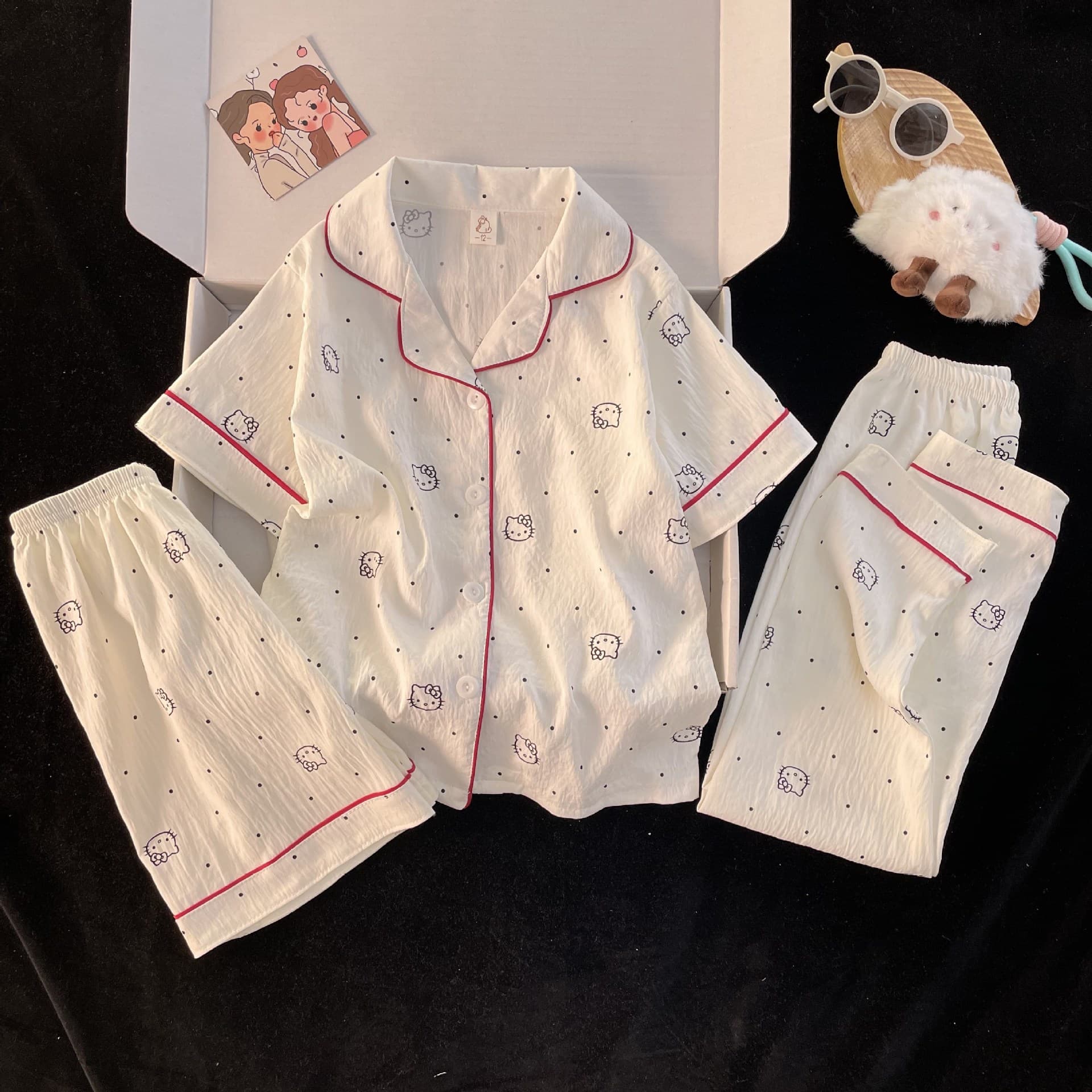 2026 New Girls' Homewear Short Sleeve Long Pants Summer Thin Cloud Cotton Sleepwear Three-Piece Set for Middle and Older Children