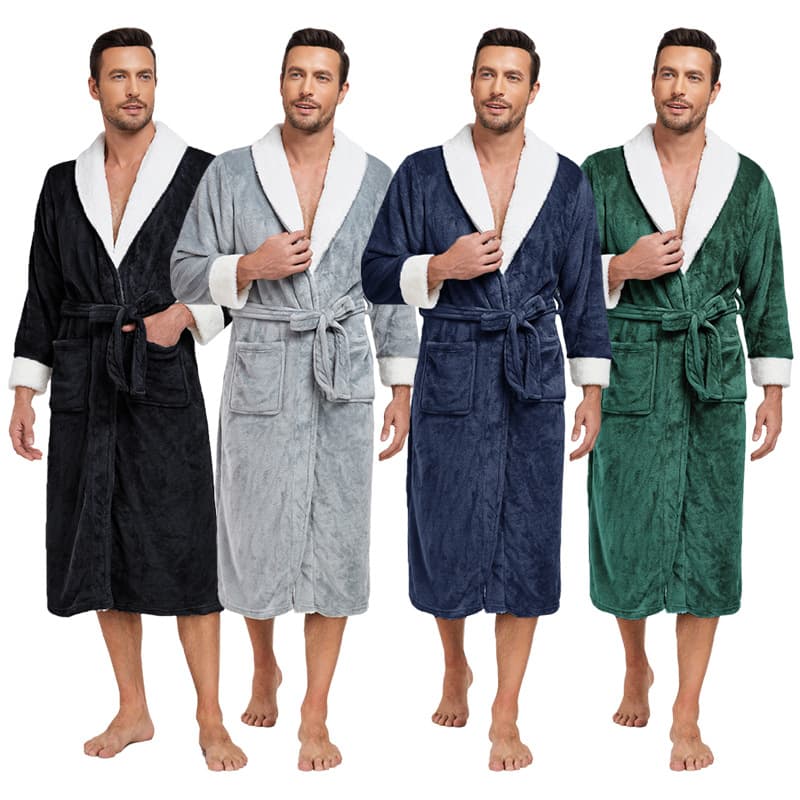 Cross-border Men's Flannel Long Bathrobe with Contrast Lapel, Autumn/Winter Sleepwear, Hotel Robe, Couples Bathrobe