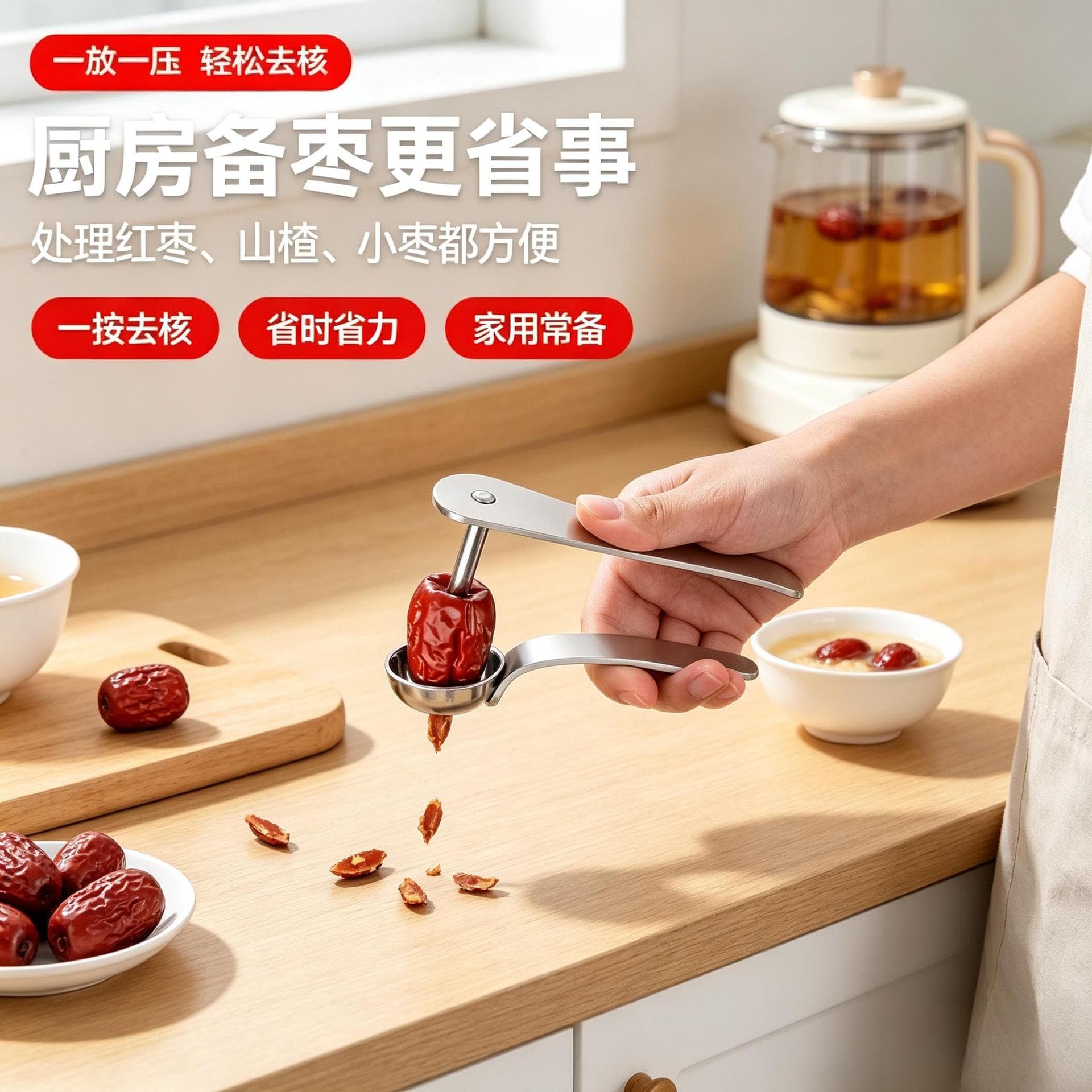 Red date corer made of stainless steel and does not damage the fruit pulp. One-touch press to remove the date core. Special tool for processing red dates in the kitchen.