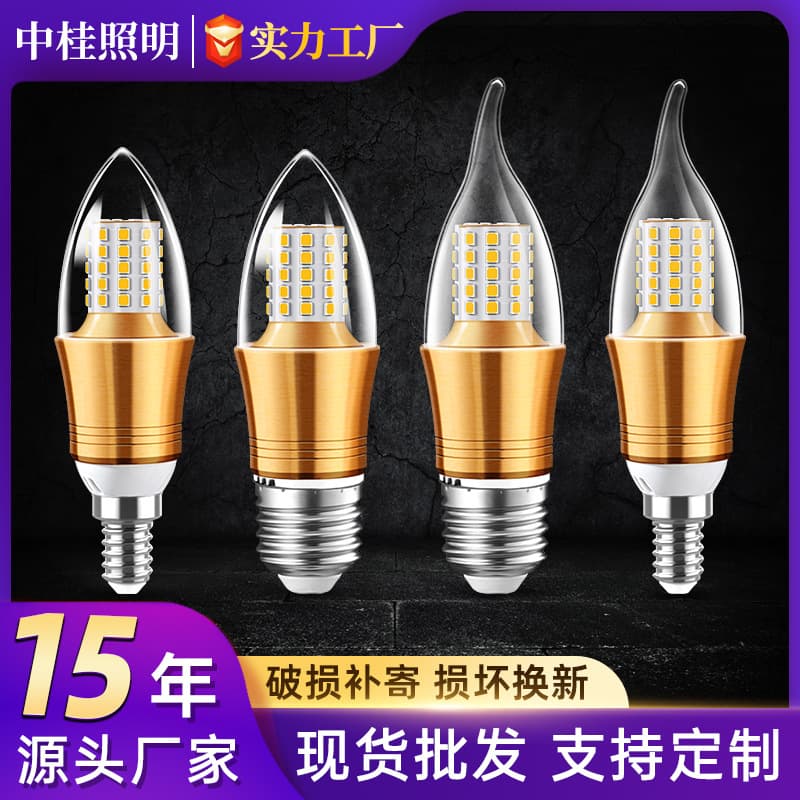 LED Candle Bulb, Gold Tip Bulb with Tail, E27/E14 Screw Base, Energy-Saving Glass Candle Bulb for Chandeliers