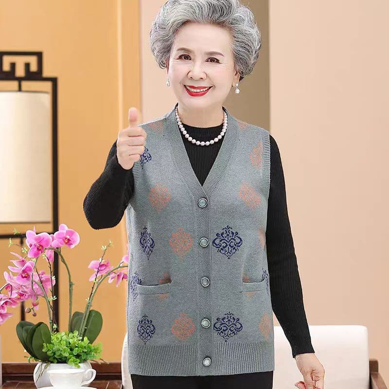 Elderly Autumn Knit Vest for Grandma, V-Neck Cardigan for Women Aged 70-80, Mother's Vest