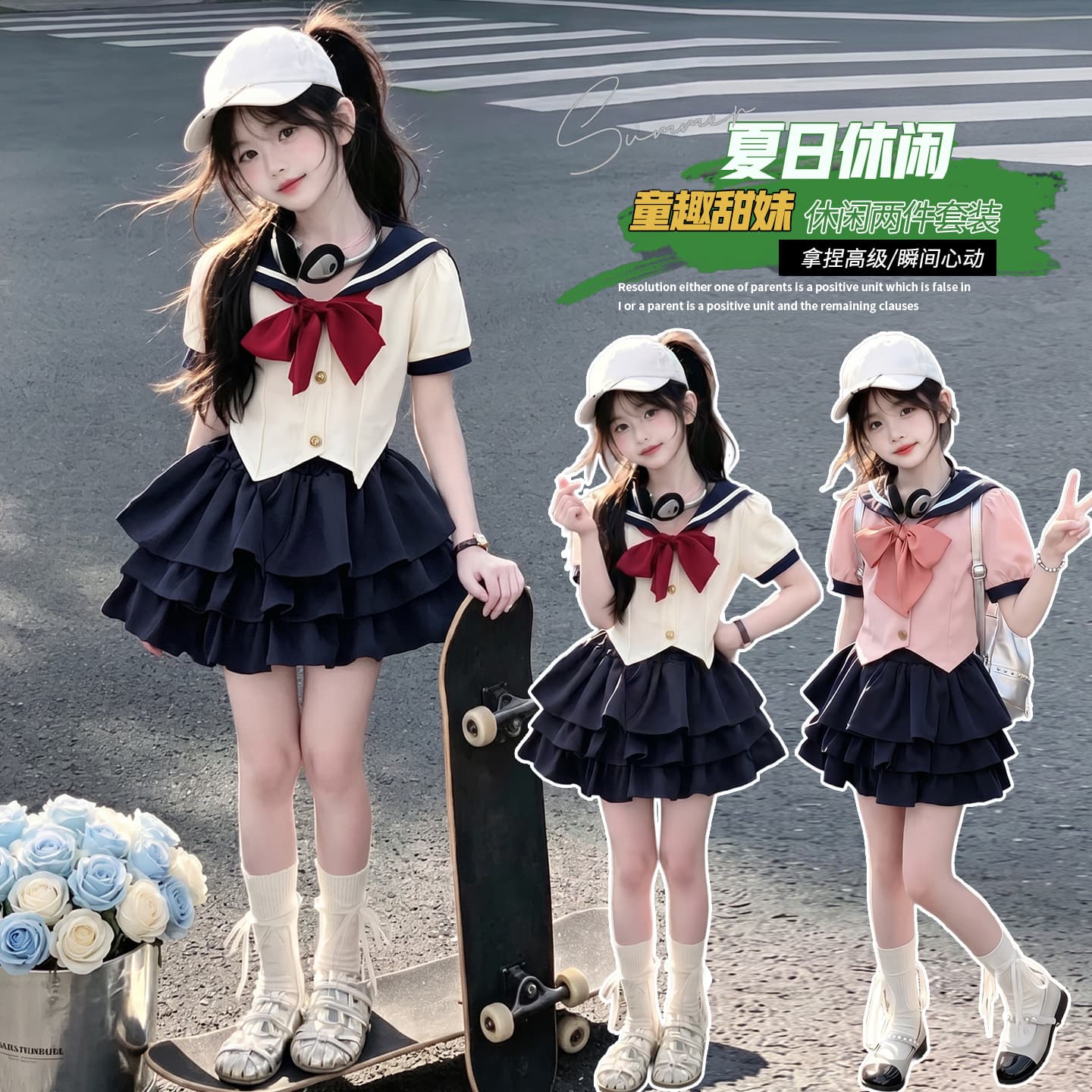Girls Cake Skirt Suit 2026 New JK Uniform Suit Summer Clothes Children's Skirt Girls Short Sleeve Bud Shorts
