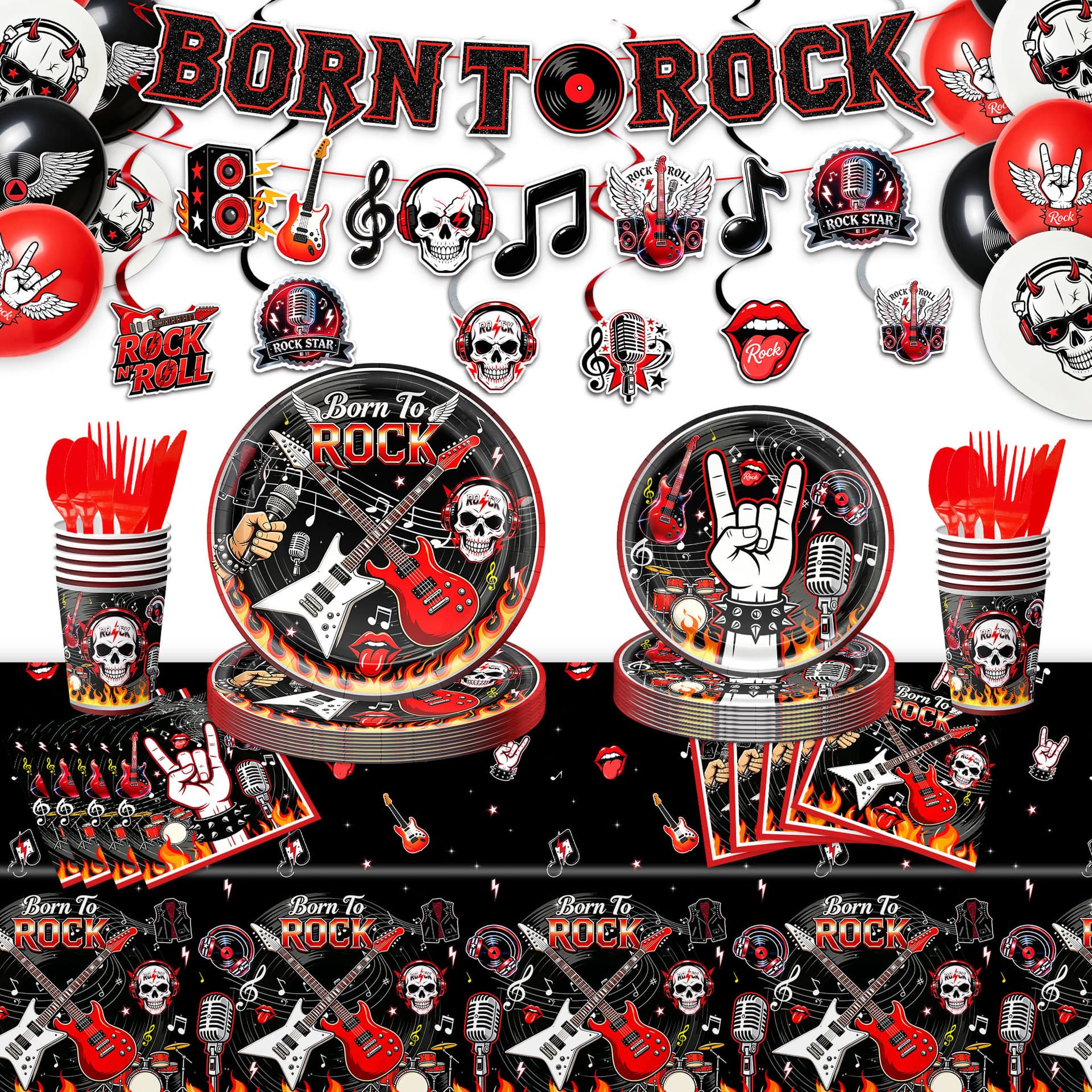 Rock Skull Theme Birthday Party Set Disposable Paper Plates Cups Tablecloth Banner Decoration