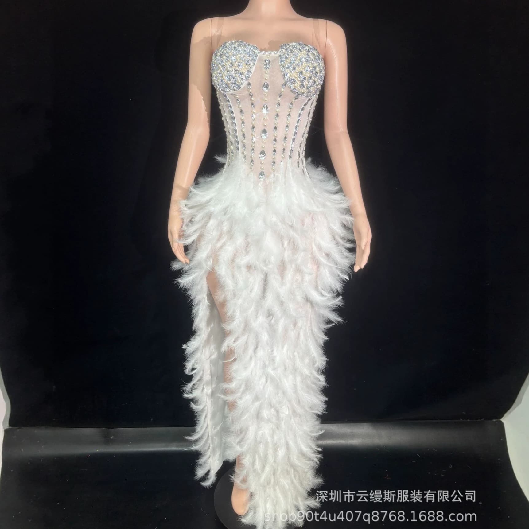 White Strapless Rhinestone Feather Evening Gown, Heavy Beaded Corset Waist High Slit Long Dress, Birthday Banquet Dress