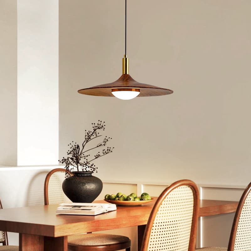 Vintage-style restaurant chandelier, UFO-shaped retro three-head dining table/bar lamp, Japanese wabi-sabi walnut wood grain dining room lighting fixture