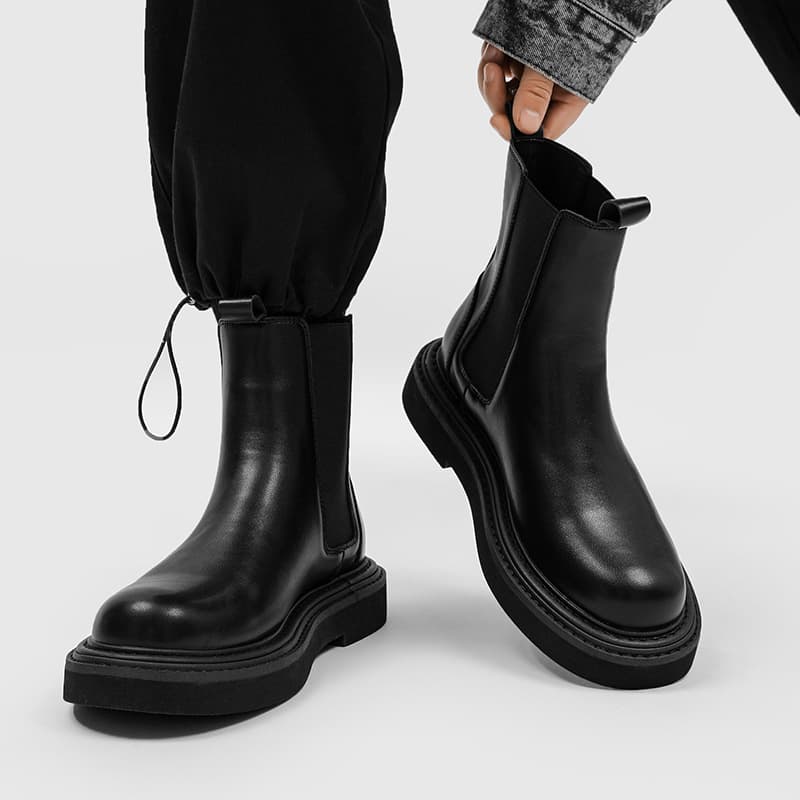 British Style Genuine Leather Chelsea Boots Men Trendy High-End Sense Stacked Martin Boots Retro Mid-Calf Boots Thick Sole High-Top Leather Shoes