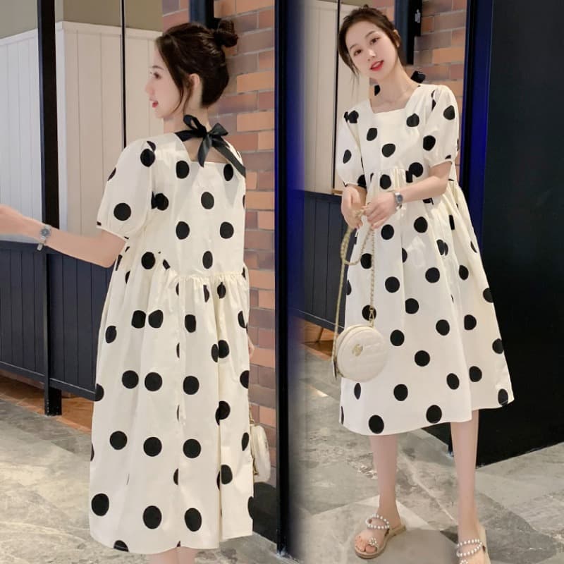 Summer Maternity Dress, Loose Fit, Plus Size, Fashionable Polka Dot, Square Neck, High Waist, Long Dress, Trendy Maternity Dress for Summer
