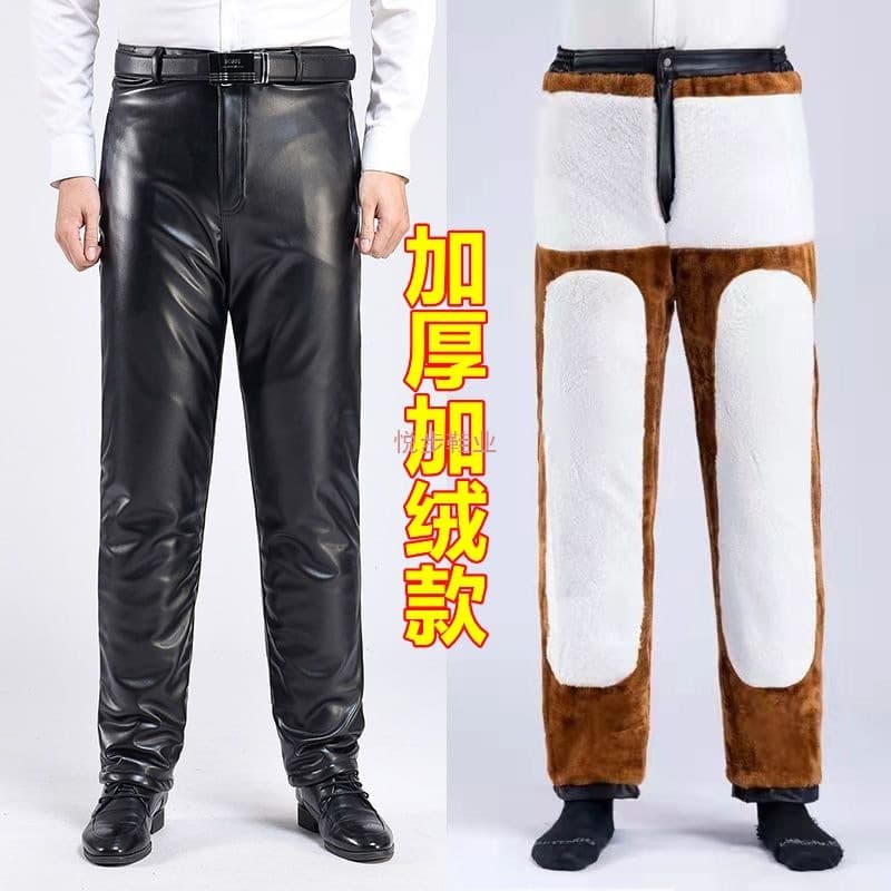 2025 Winter Leather Pants Men's Fleece-Lined Windproof Warm Waterproof Oil-Resistant Riding Work Loose Middle-aged and Elderly Men's Pants