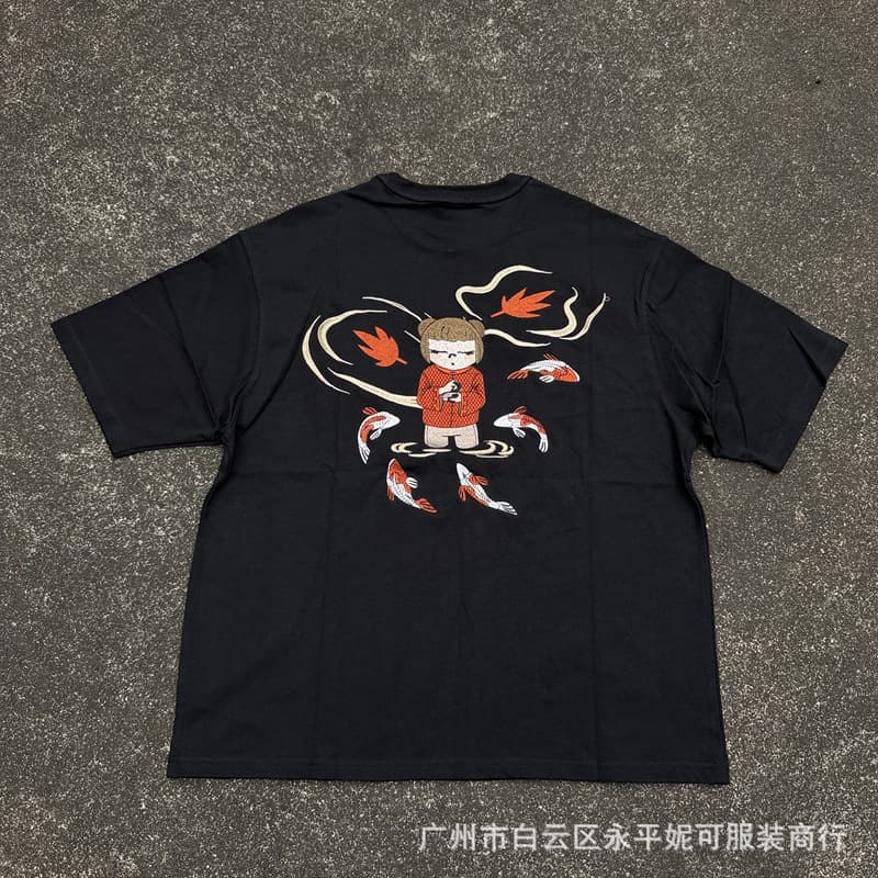 Derschutze Koi koi embroidered short-sleeved T-shirt cross-border high quality European and American hip-hop versatile loose tee