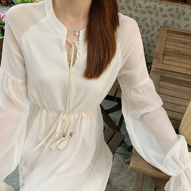 Petite White Long-Sleeve Dress for Women Spring Autumn New Style Elegant First-Love Fairy Tie-Waist Layered Maxi Dress