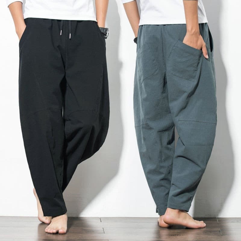 Cotton and linen nine-point pants men's summer Tang suit pants Chinese style straight pants casual linen breathable wide-leg pants
