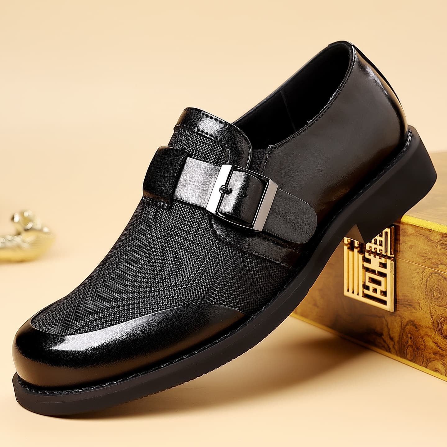 Men's Fashion Leather Shoes Casual Business Oxfords Office Work Boots Black Buckle Trendy Shoes