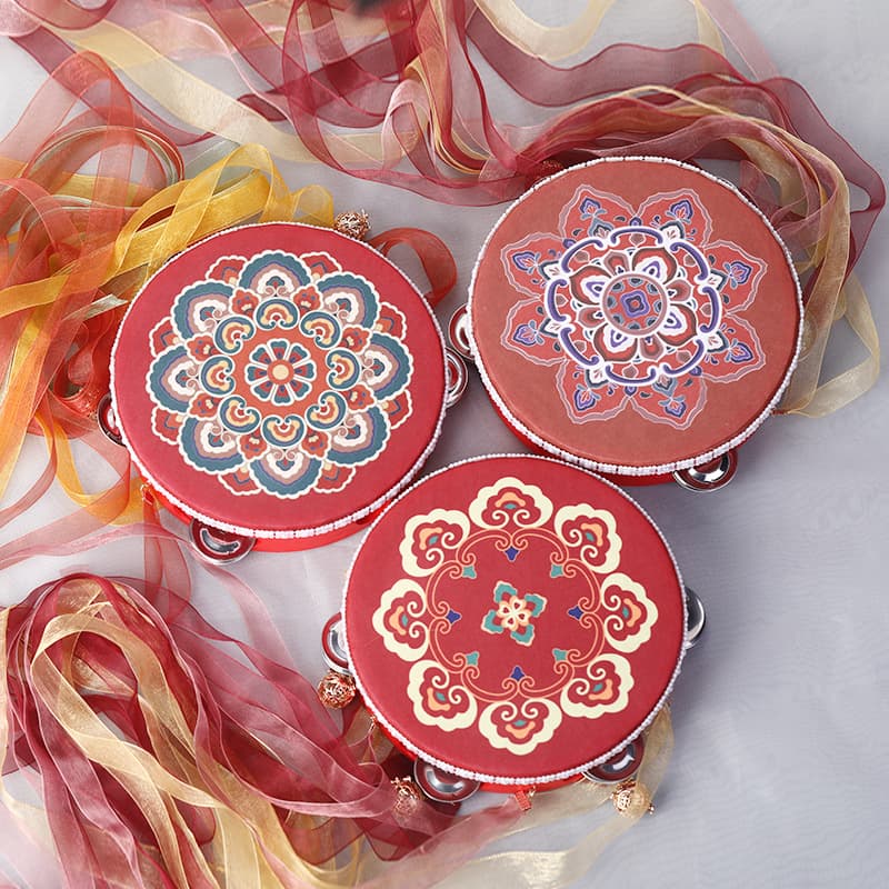 Dunhuang style dance, tambourine drummer holding drum, tambourine, streamer, tambourine, national trend, colorful ribbon drum, Hanfu photo props