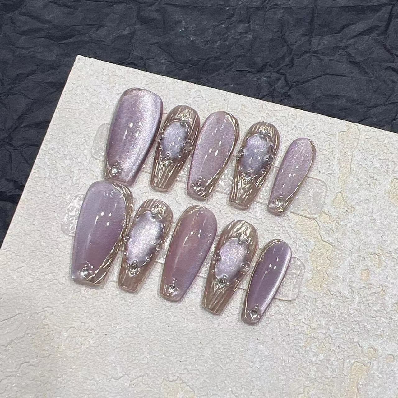 Purple Buccellati Handmade Wearable Nails Premium Satin Cat Eye Gel Nail Tips Removable Wholesale