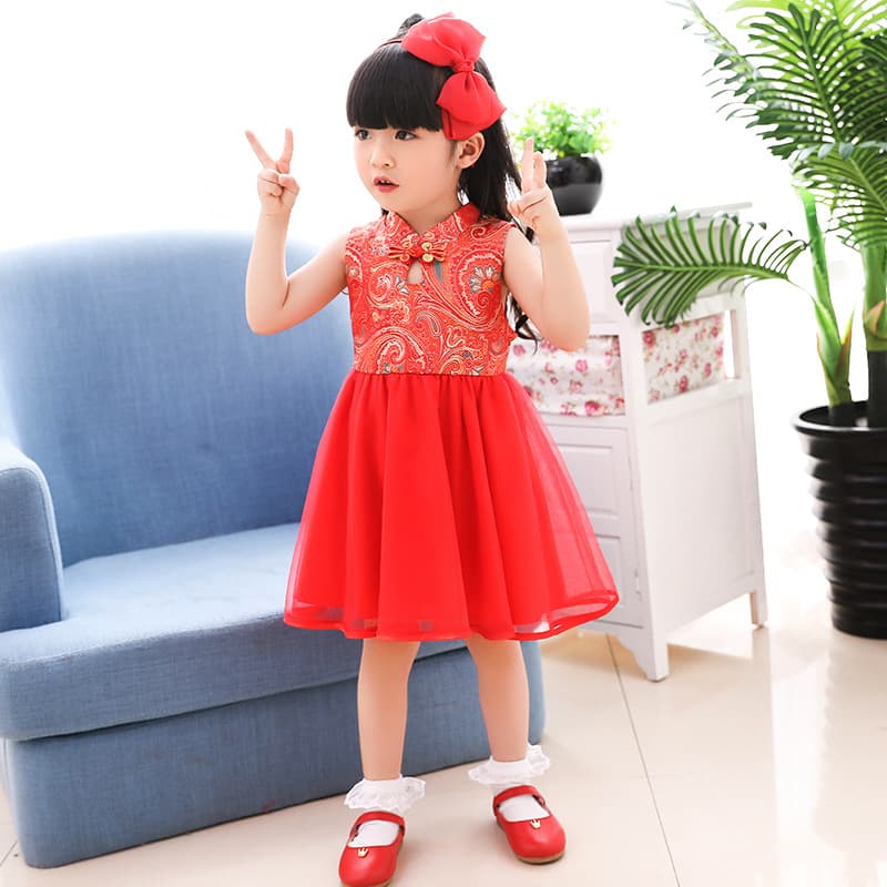 Girls Cheongsam Vest Dress Spring Summer Thin Style Birthday Princess Dress for 1-Year-Old Baby 100-Day Infant Dress 2038