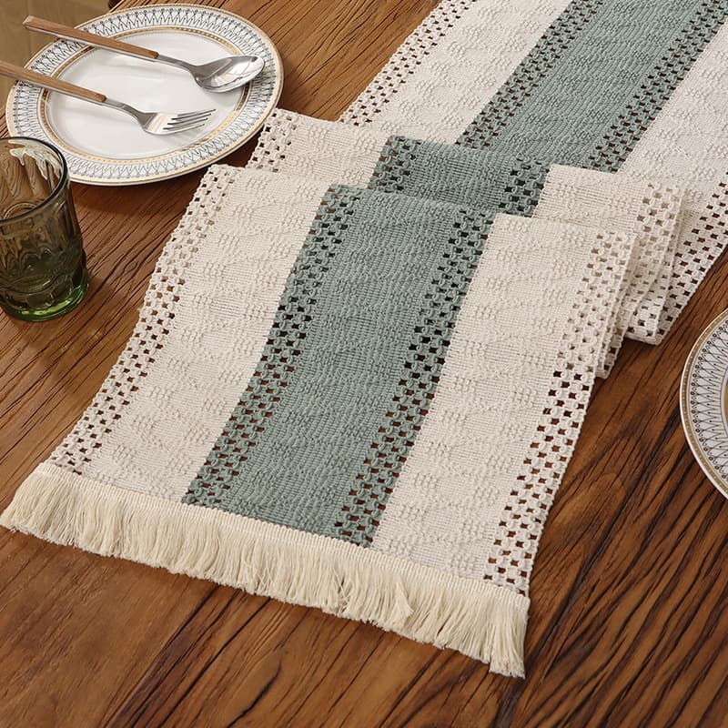 Ins Style American Table Runner Cotton Linen Striped Rope Fringe Dining Table Decoration TV Cabinet Coffee Table Sideboard