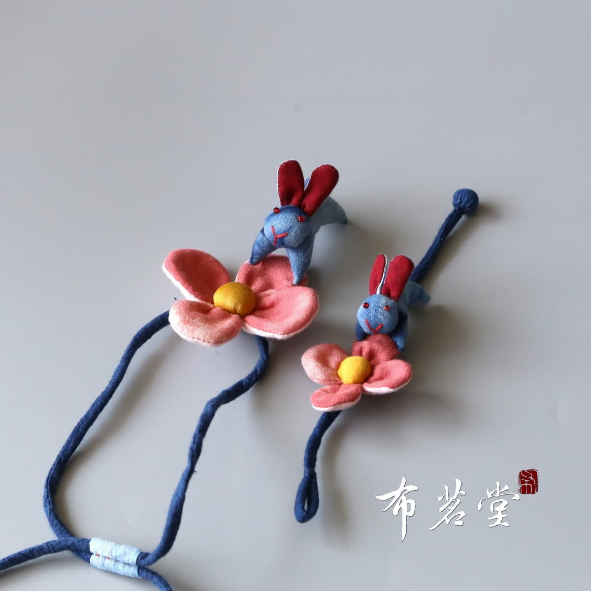 Bu Ming Tang Rabbit Holding Flowers Necklace and Bracelet, Plant Indigo Dyed, Handmade Fabric Jewelry
