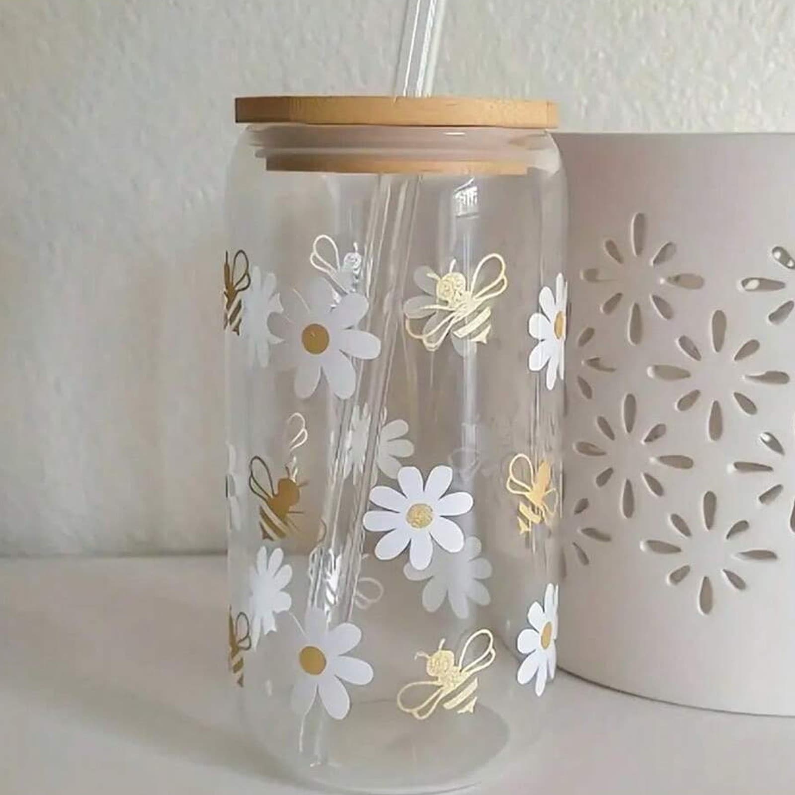 New Cross-Border Creative Straw Cola Cup Bamboo Lid Bee Daisy Series 16oz Trendy Borosilicate Glass Cup