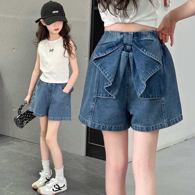 Girls' Denim Shorts Summer 2026 New Fashionable Butterfly Knot Casual Pants for Older Kids