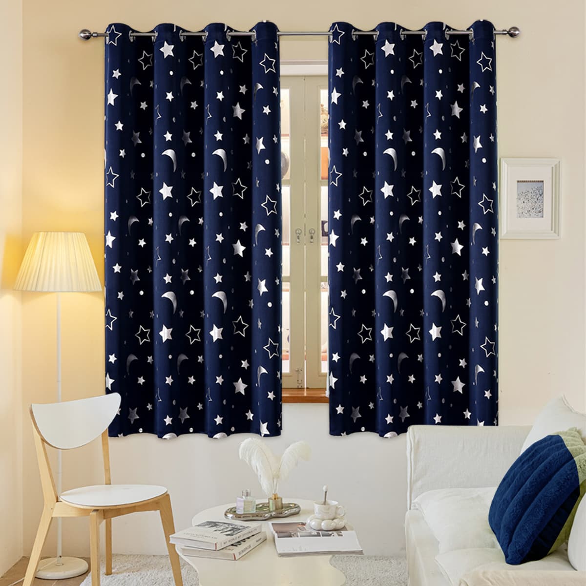 Foreign trade cross-border ready-made curtains high-precision silver-stamped star blackout no-drill curtain fabric curtains