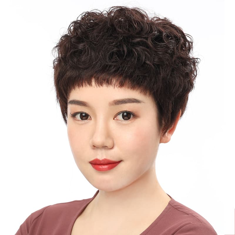 Xuchang Wig Middle-Aged Real Human Hair Wig Women's Permed Short Curly Hair Fluffy Natural Fullness Wig