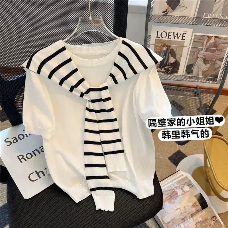 White Short-Sleeve Summer New Knit Top with Striped Shawl Design, Unique Two-Piece Set Women's T-Shirt
