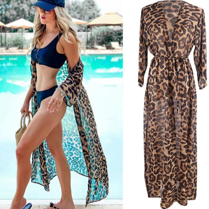 Cross-Border European and American Style Chiffon Leopard Print Cardigan Vacation Cardigan Beach Sun Protection Shirt European and American Trendy Chiffon Cardigan