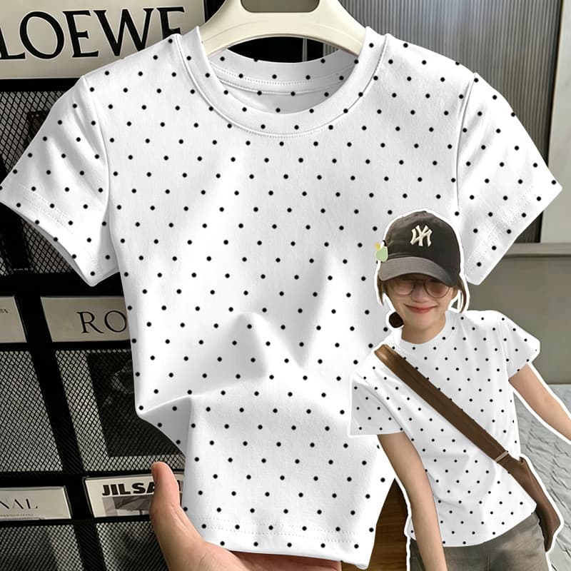 New Summer Round Neck Short Sleeve T-Shirt for Women, Slim Fit, Versatile Polka Dot, Simple and Casual, Youthful and Stylish Top