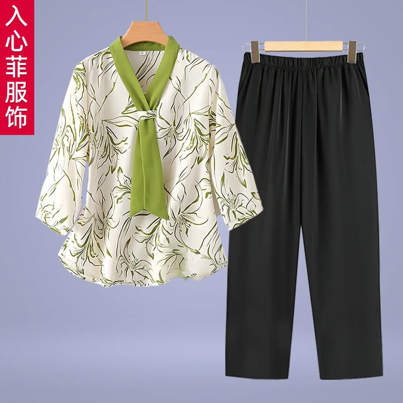 Mother's Summer Seven-Sleeve Chic Set New Middle-Aged and Elderly Women's Fashionable Age-Reducing Chiffon T-Shirt Two-Piece Set