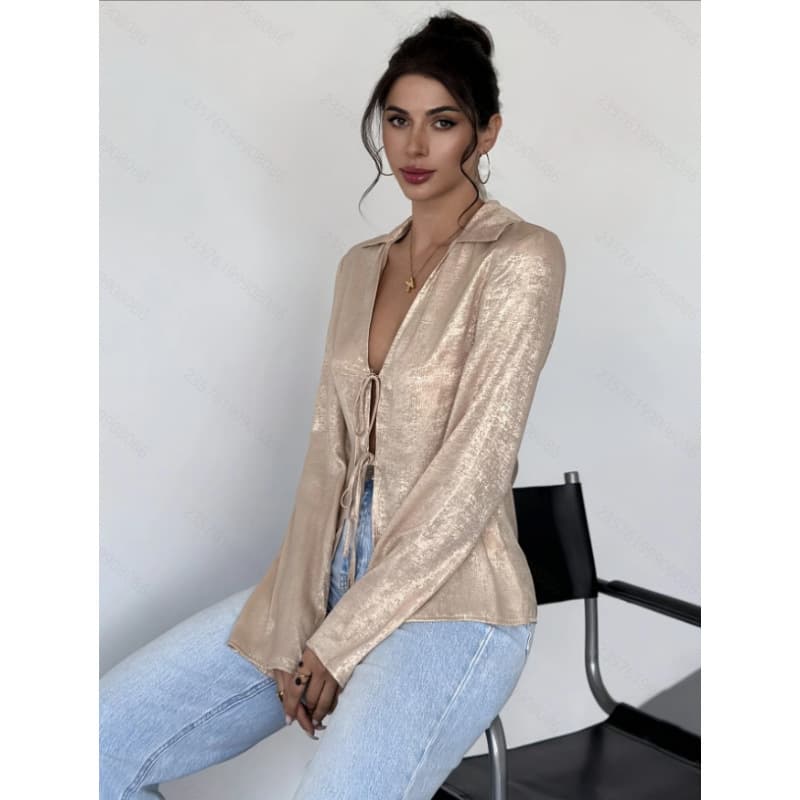 AliExpress 1688 independent site ready stock women's elegant long-sleeved lace-up shirt
